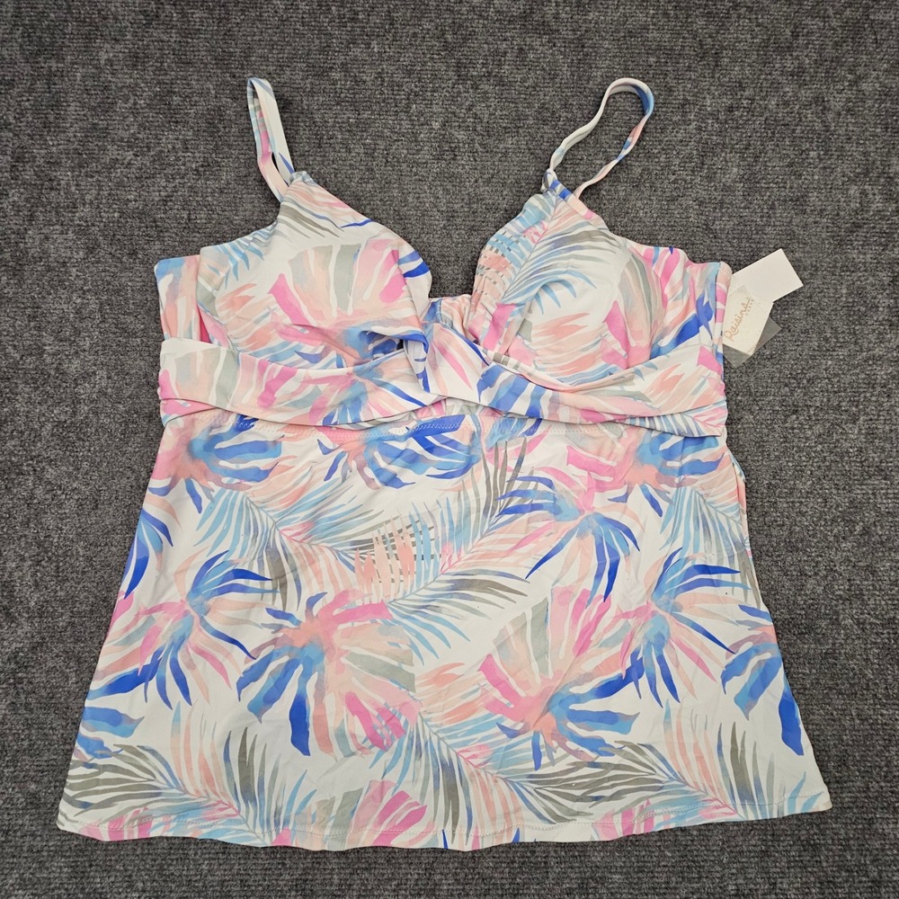 Raisins Curve Women Tankini Top Aries Tropical Palm Leaf Print White Pink 22W